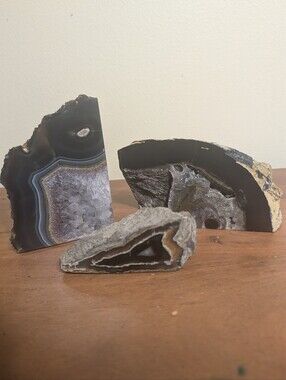 Agate Geode Sections Set of 3 Naturally Colored Black, Gold, Silver & Iridescent